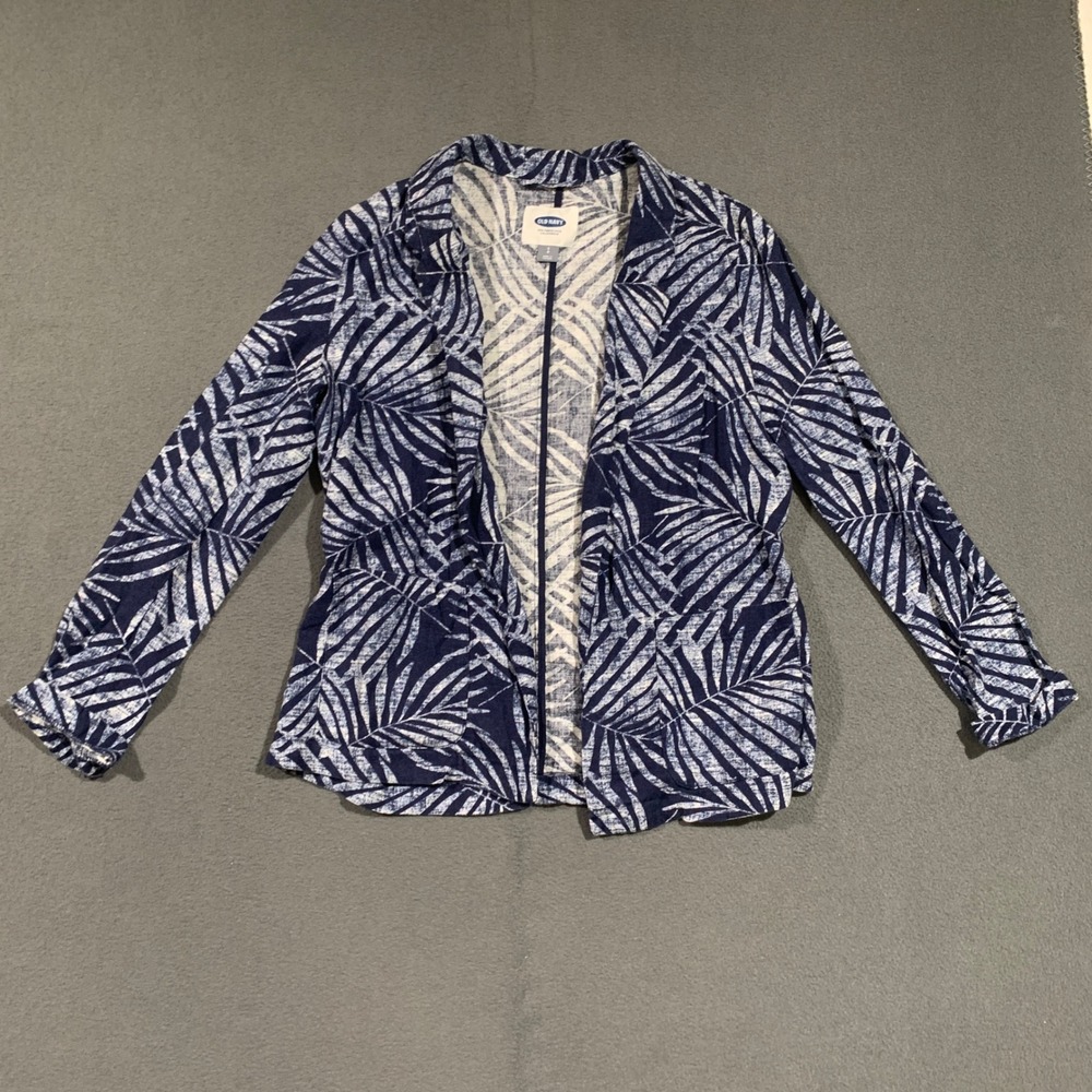 Old Navy Womens Blue White Tropical Palm‎ Leaf Linen Blend Open Front Blazer S